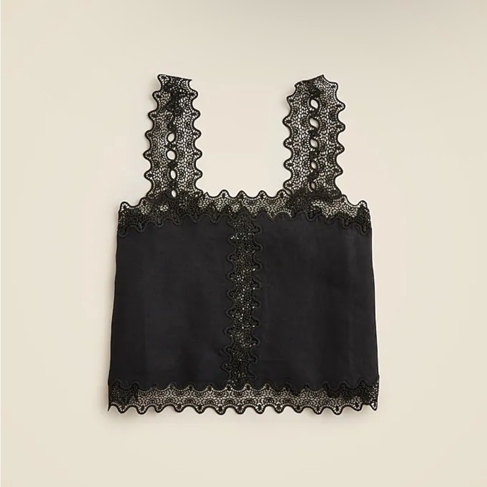 J. Crew Black Squareneck Linen Tank Top with Beautiful Lace Detail!